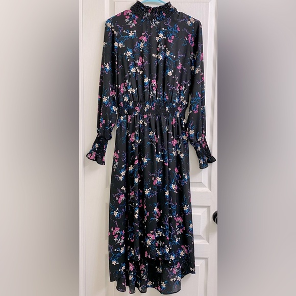Nanette Lepore Long Sleeve High/Low Midi Dress in Very Black Raspberry Floral - Picture 2 of 7